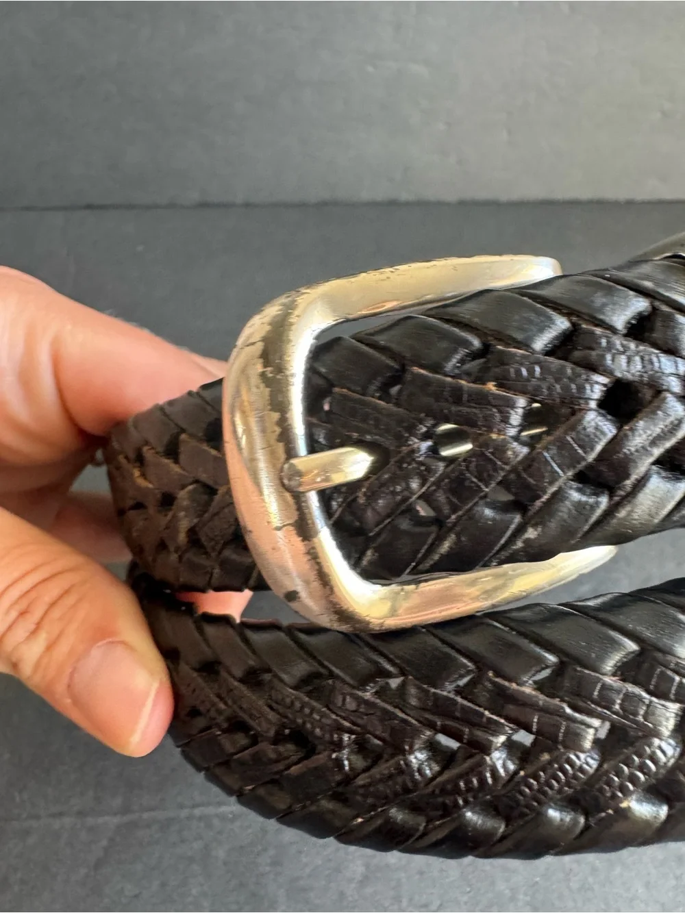 Vintage Black Woven Leather Belt Braided Silver Tone Buckle Unisex Mens 38